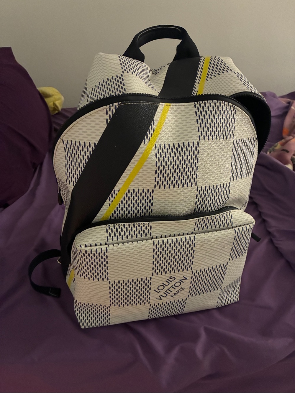 Louis Vuitton White and Navy Checkered Backpack with Yellow Stripe